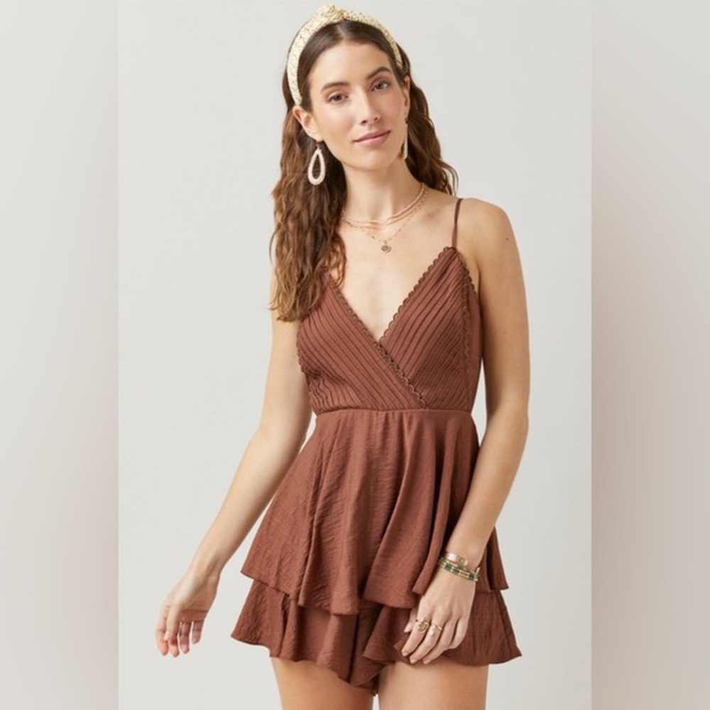 miami Brown Tiered Romper with Spaghetti Straps